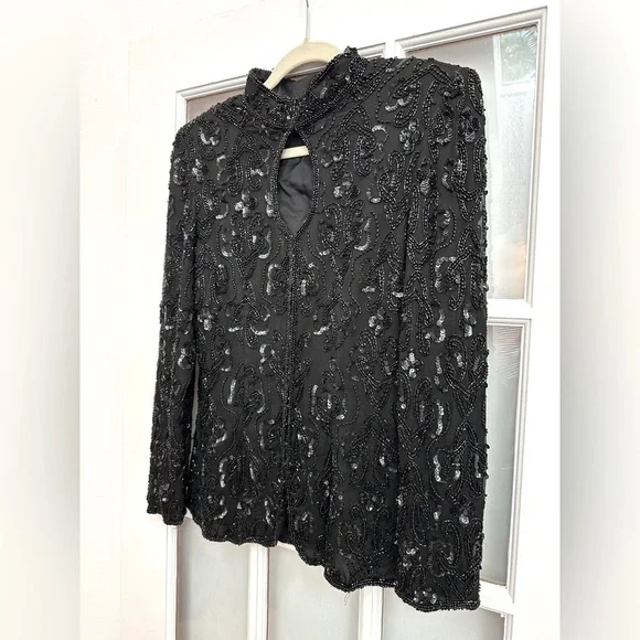 Vintage Stenay Black Hand Beaded Sequin 100% Silk Jacket Top Wimens Size Small S